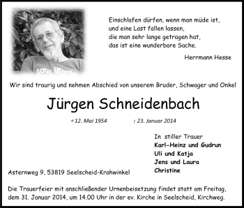 Anzeige von Jürgen Schneidenbach von Kölner Stadt-Anzeiger / Kölnische Rundschau / Express