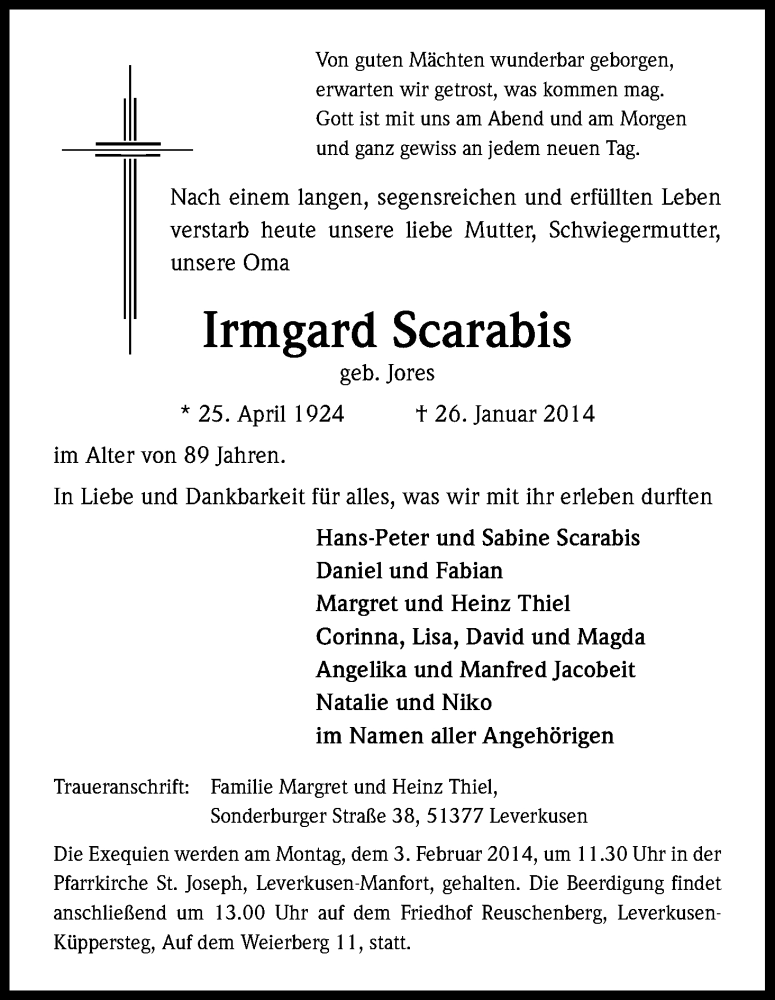  Traueranzeige für Irmgard Scarabis vom 29.01.2014 aus Kölner Stadt-Anzeiger / Kölnische Rundschau / Express