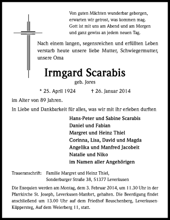 Anzeige von Irmgard Scarabis von Kölner Stadt-Anzeiger / Kölnische Rundschau / Express