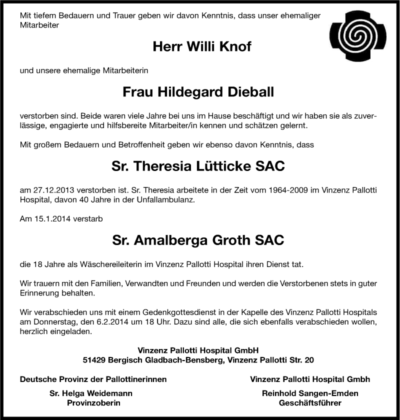  Traueranzeige für Vinzenz Pallotti Hospital GmbH trauert um vom 01.02.2014 aus Kölner Stadt-Anzeiger / Kölnische Rundschau / Express