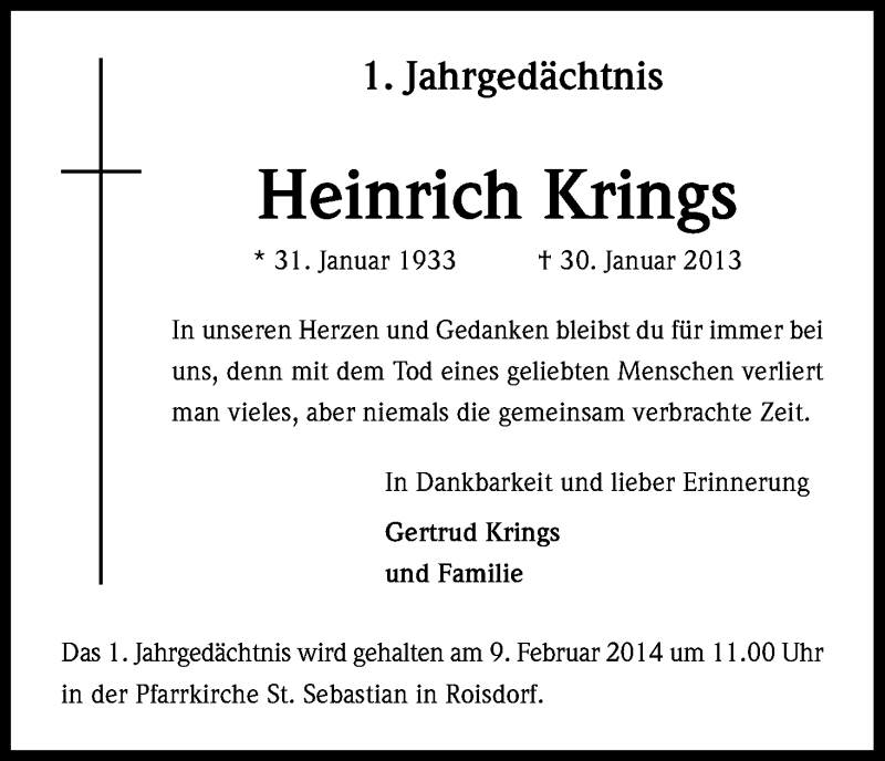  Traueranzeige für Heinrich Krings vom 01.02.2014 aus Kölner Stadt-Anzeiger / Kölnische Rundschau / Express