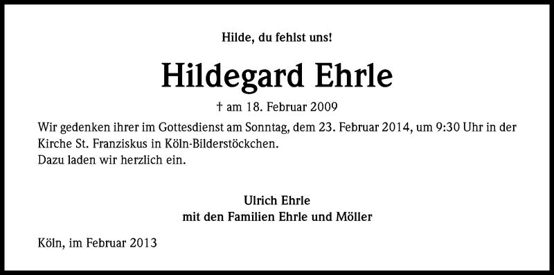  Traueranzeige für Hildegard Ehrle vom 19.02.2014 aus Kölner Stadt-Anzeiger / Kölnische Rundschau / Express