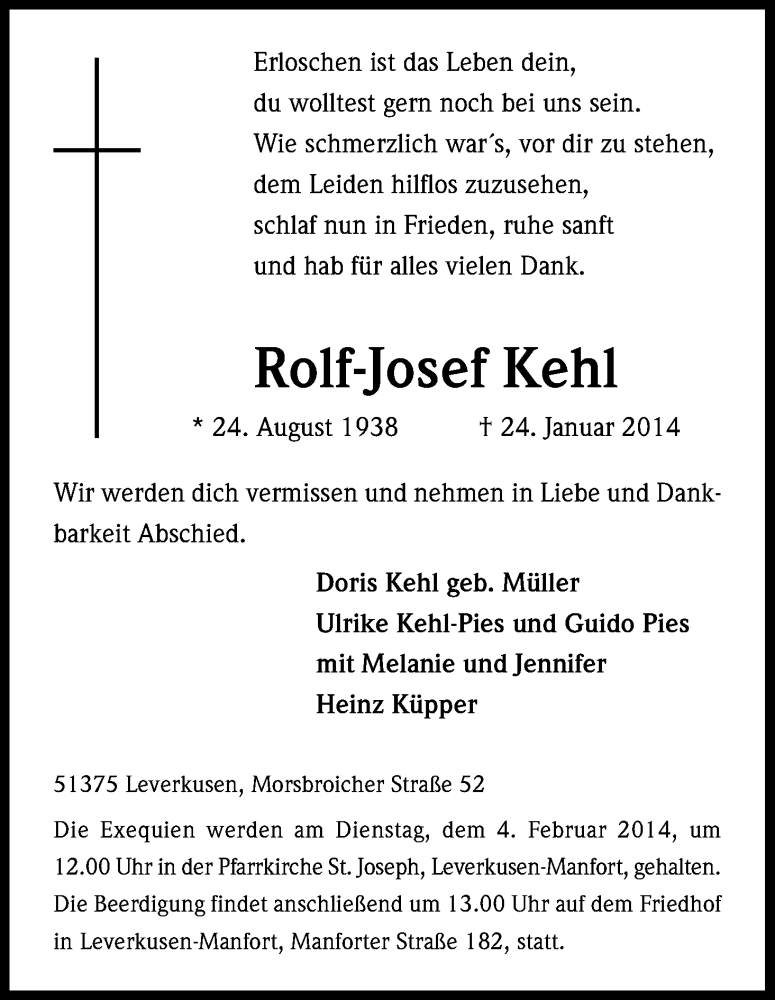  Traueranzeige für Rolf Kehl vom 29.01.2014 aus Kölner Stadt-Anzeiger / Kölnische Rundschau / Express