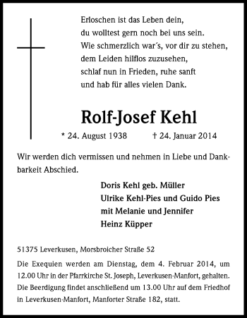 Anzeige von Rolf Kehl von Kölner Stadt-Anzeiger / Kölnische Rundschau / Express