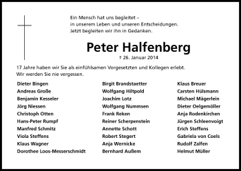 Anzeige von Peter Halfenberg von Kölner Stadt-Anzeiger / Kölnische Rundschau / Express