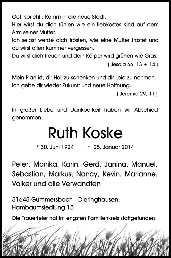 Traueranzeige für Ruth Koske vom 01.02.2014 aus Kölner Stadt-Anzeiger / Kölnische Rundschau / Express