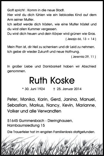 Anzeige von Ruth Koske von Kölner Stadt-Anzeiger / Kölnische Rundschau / Express