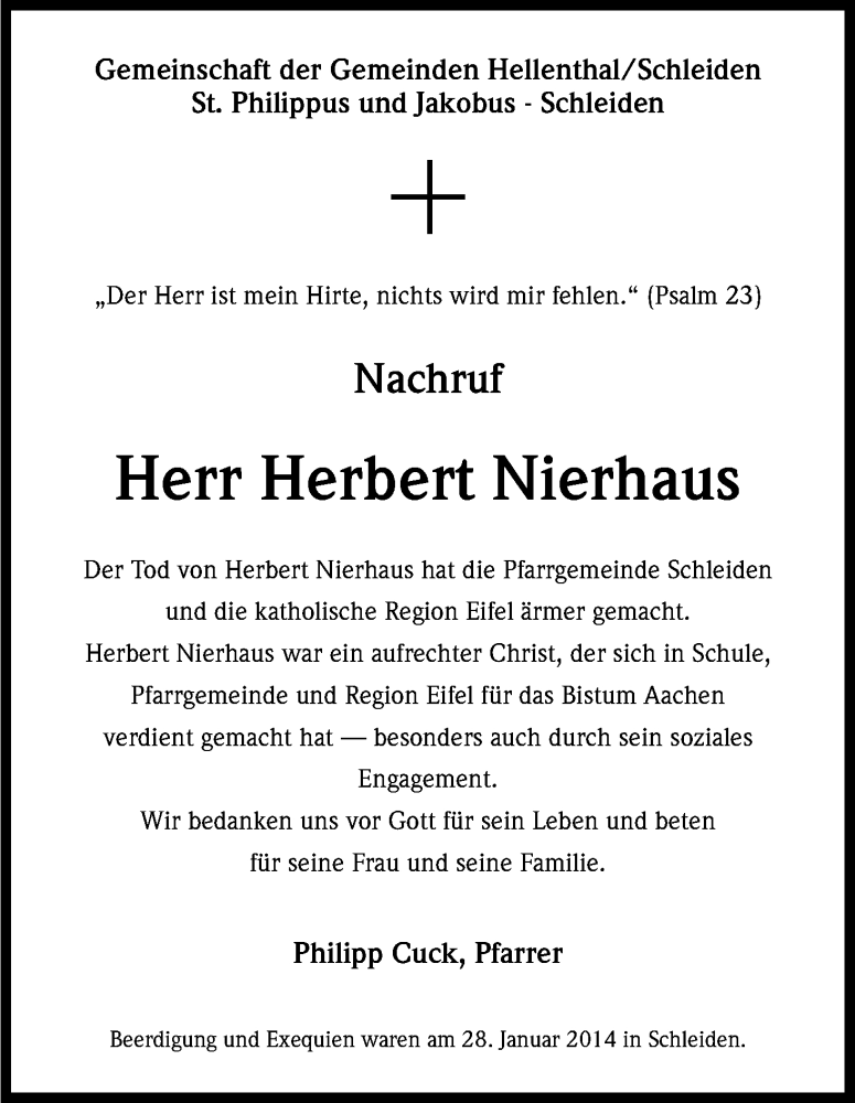  Traueranzeige für Herbert Nierhaus vom 29.01.2014 aus Kölner Stadt-Anzeiger / Kölnische Rundschau / Express