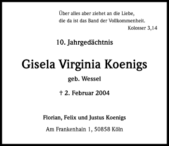 Anzeige von Gisela Virginia Koenigs von Kölner Stadt-Anzeiger / Kölnische Rundschau / Express