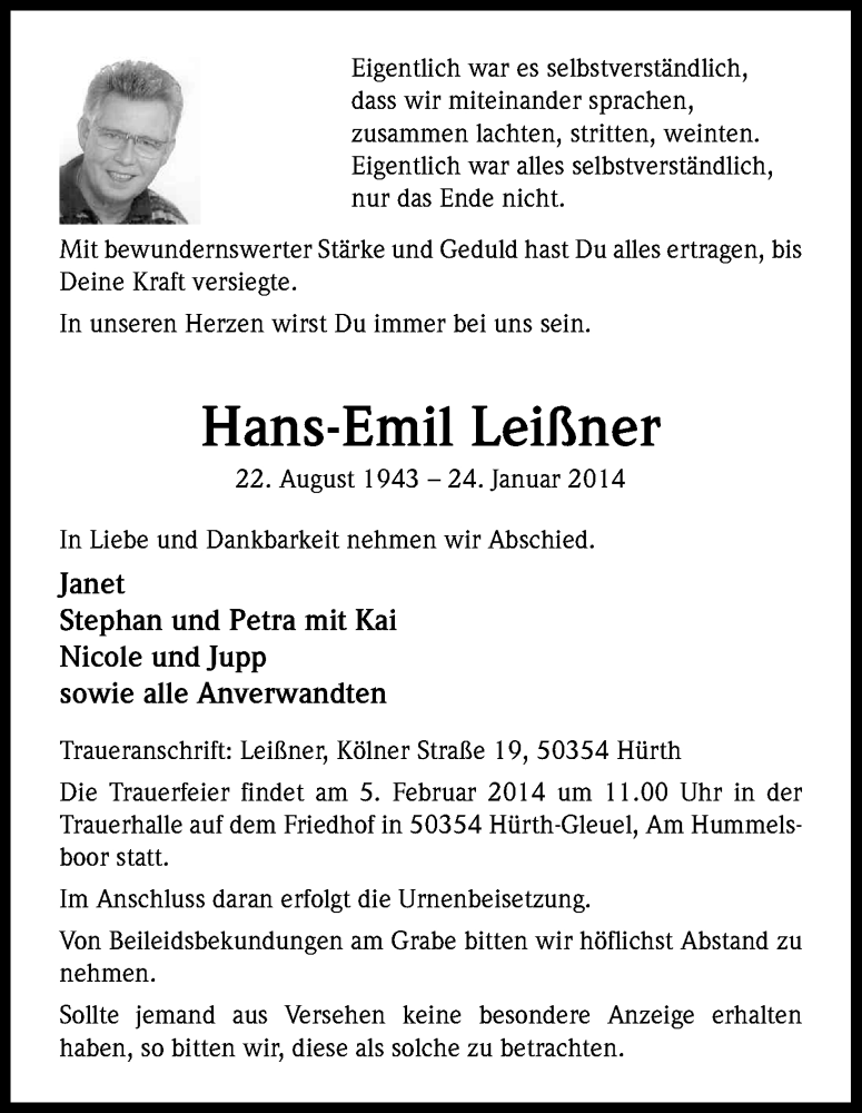  Traueranzeige für Hans-Emil Leißner vom 01.02.2014 aus Kölner Stadt-Anzeiger / Kölnische Rundschau / Express