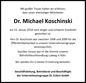 Anzeige von Michael Koschinski von Kölner Stadt-Anzeiger / Kölnische Rundschau / Express