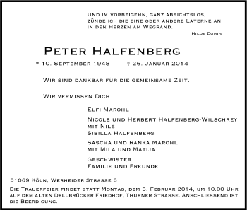Anzeige von Peter Halfenberg von Kölner Stadt-Anzeiger / Kölnische Rundschau / Express