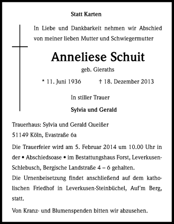 Anzeige von Anneliese Schuit von Kölner Stadt-Anzeiger / Kölnische Rundschau / Express