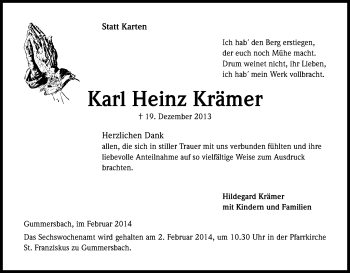 Anzeige von Karl Heinz Krämer von Kölner Stadt-Anzeiger / Kölnische Rundschau / Express