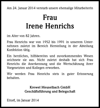 Anzeige von Irene Henrichs von Kölner Stadt-Anzeiger / Kölnische Rundschau / Express