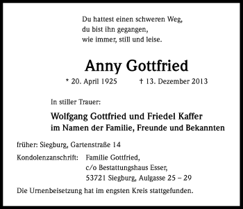 Anzeige von Anny Gottfried von Kölner Stadt-Anzeiger / Kölnische Rundschau / Express