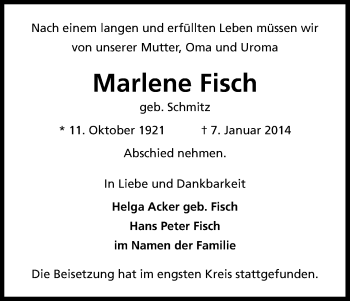 Anzeige von Marlene Fisch von Kölner Stadt-Anzeiger / Kölnische Rundschau / Express