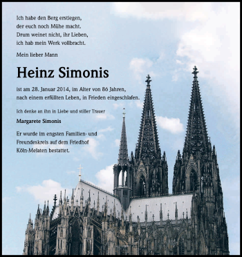 Anzeige von Heinz Simonis von Kölner Stadt-Anzeiger / Kölnische Rundschau / Express