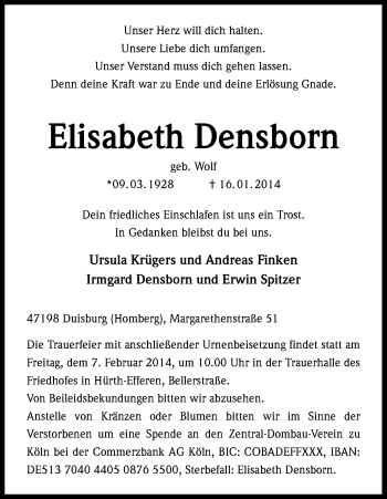 Anzeige von Elisabeth Densborn von Kölner Stadt-Anzeiger / Kölnische Rundschau / Express