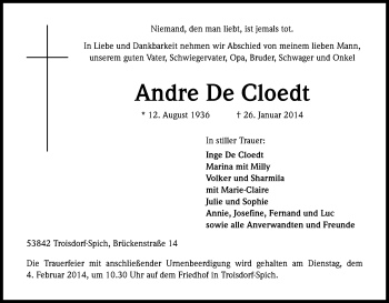 Anzeige von Andre De Cloedt von Kölner Stadt-Anzeiger / Kölnische Rundschau / Express