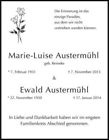 Anzeige von Marie-Luise Austermühl von Kölner Stadt-Anzeiger / Kölnische Rundschau / Express