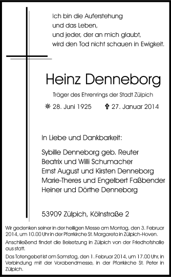 Anzeige von Heinz Denneborg von Kölner Stadt-Anzeiger / Kölnische Rundschau / Express