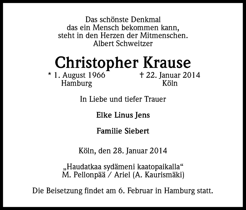  Traueranzeige für Christopher Krause vom 31.01.2014 aus Kölner Stadt-Anzeiger / Kölnische Rundschau / Express