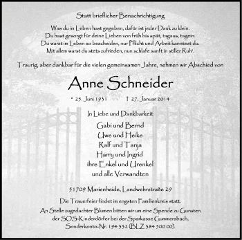 Anzeige von Anne Schneider von Kölner Stadt-Anzeiger / Kölnische Rundschau / Express