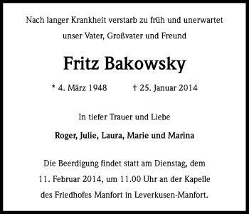 Anzeige von Fritz Bakowsky von Kölner Stadt-Anzeiger / Kölnische Rundschau / Express