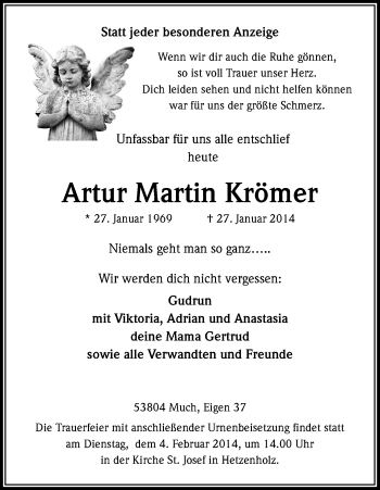 Anzeige von Artur Martin Krömer von Kölner Stadt-Anzeiger / Kölnische Rundschau / Express