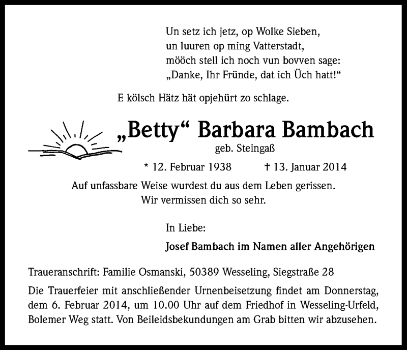  Traueranzeige für Barbara Bambach vom 01.02.2014 aus Kölner Stadt-Anzeiger / Kölnische Rundschau / Express