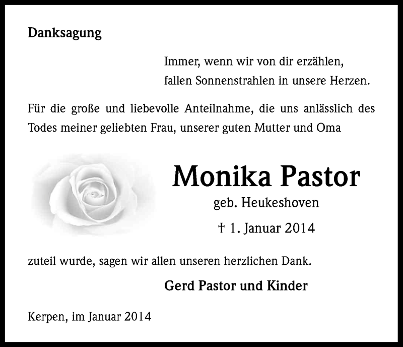  Traueranzeige für Monika Pastor vom 01.02.2014 aus Kölner Stadt-Anzeiger / Kölnische Rundschau / Express