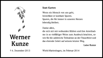 Anzeige von Werner Kunze von Kölner Stadt-Anzeiger / Kölnische Rundschau / Express