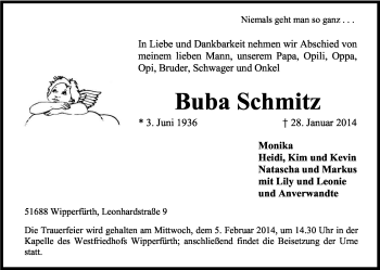 Anzeige von Buba Schmitz von Kölner Stadt-Anzeiger / Kölnische Rundschau / Express