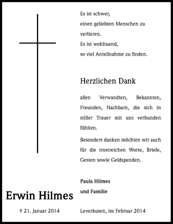 Anzeige von Erwin Hilmes von Kölner Stadt-Anzeiger / Kölnische Rundschau / Express