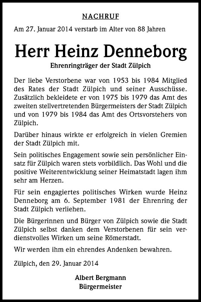  Traueranzeige für Heinz Denneborg vom 01.02.2014 aus Kölner Stadt-Anzeiger / Kölnische Rundschau / Express