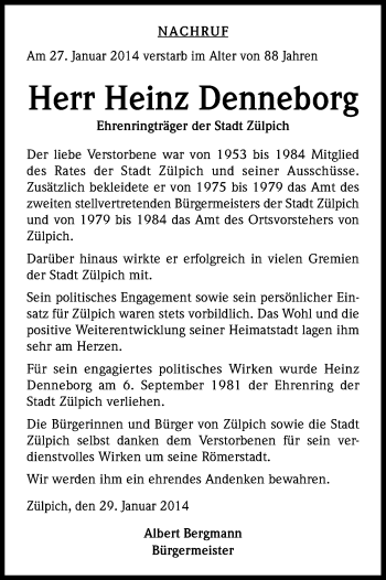 Anzeige von Heinz Denneborg von Kölner Stadt-Anzeiger / Kölnische Rundschau / Express