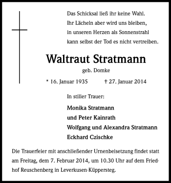 Anzeige von Waltraut Stratmann von Kölner Stadt-Anzeiger / Kölnische Rundschau / Express