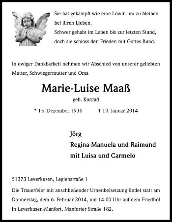 Anzeige von Marie-Luise Maaß von Kölner Stadt-Anzeiger / Kölnische Rundschau / Express