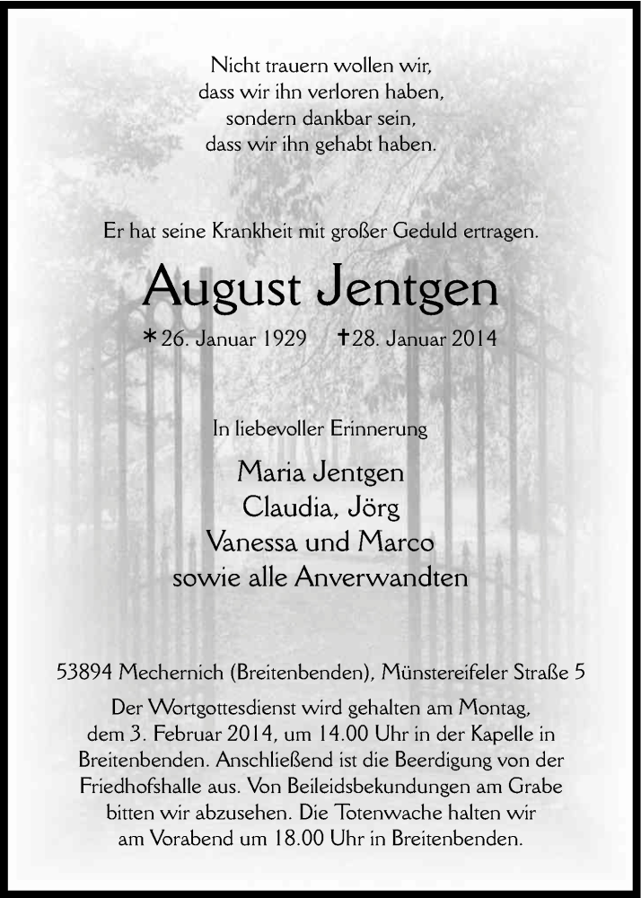  Traueranzeige für August Jentgen vom 30.01.2014 aus Kölner Stadt-Anzeiger / Kölnische Rundschau / Express