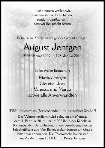 Anzeige von August Jentgen von Kölner Stadt-Anzeiger / Kölnische Rundschau / Express