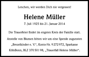 Anzeige von Helene Müller von Kölner Stadt-Anzeiger / Kölnische Rundschau / Express