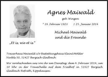 Anzeige von Agnes Maiwald von Kölner Stadt-Anzeiger / Kölnische Rundschau / Express