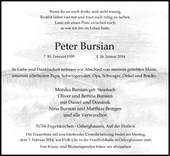 Anzeige von Peter Bursian von Kölner Stadt-Anzeiger / Kölnische Rundschau / Express