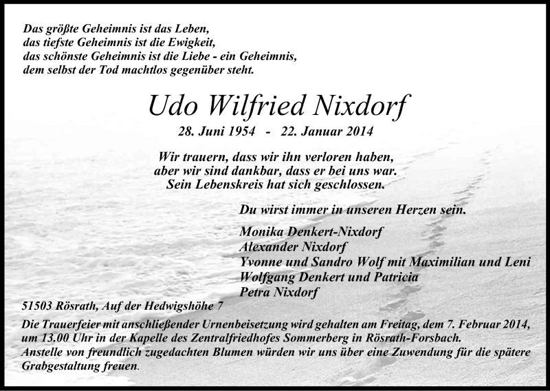  Traueranzeige für Udo Wilfried Nixdorf vom 01.02.2014 aus Kölner Stadt-Anzeiger / Kölnische Rundschau / Express