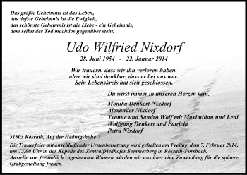Anzeige von Udo Wilfried Nixdorf von Kölner Stadt-Anzeiger / Kölnische Rundschau / Express