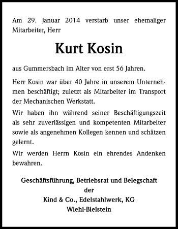 Anzeige von Kosin Kurt von Kölner Stadt-Anzeiger / Kölnische Rundschau / Express
