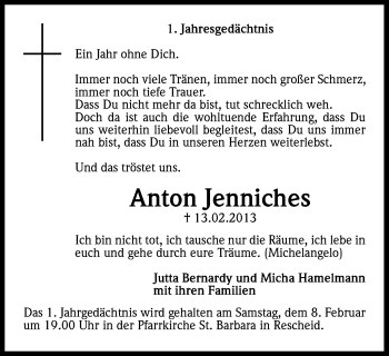 Anzeige von Anton Jenniches von Kölner Stadt-Anzeiger / Kölnische Rundschau / Express