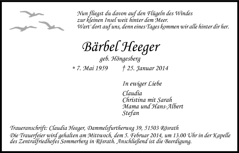  Traueranzeige für Bärbel Heeger vom 01.02.2014 aus Kölner Stadt-Anzeiger / Kölnische Rundschau / Express