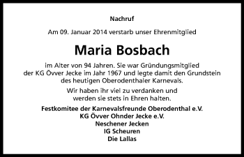 Anzeige von Maria Bosbach von Kölner Stadt-Anzeiger / Kölnische Rundschau / Express